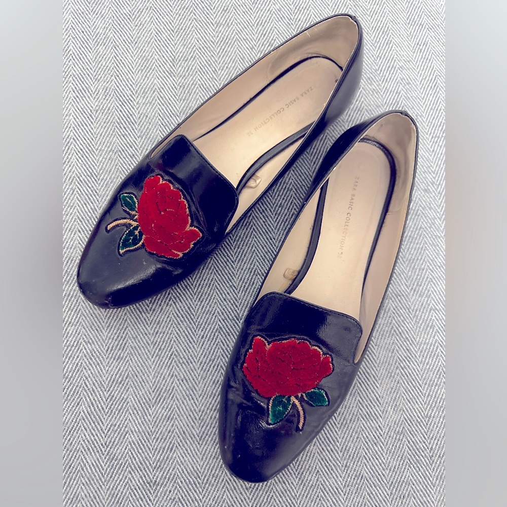 Zara Black Faux Leather Floral Embroidered Loafers with Red Rose